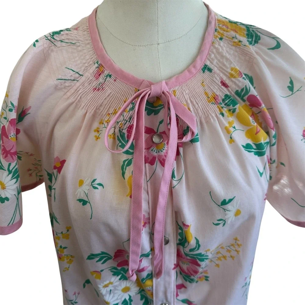 JCPenney Vintage Floral House Dress Women S Pink Snap Front Smocked Robe 1051‎